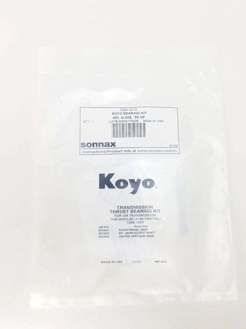 Packaging for Koyo Thrust Bearing Kit For TH400 And 4L80E Transmissions 65 And Up Includes Sun Gear Center Support Sun Gear Races And Internal Gear Components For Rebuild And Performance Upgrade.