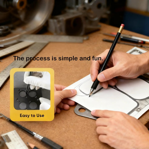 3-piece non-asbestos gasket paper sheets for high-temp engine sealing; hand drawing gasket outline.