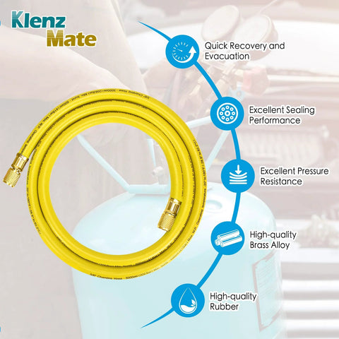 HVAC vacuum hose, 72in length, 3/8in flare fittings, yellow rubber hose with brass connectors for refrigerant evacuation