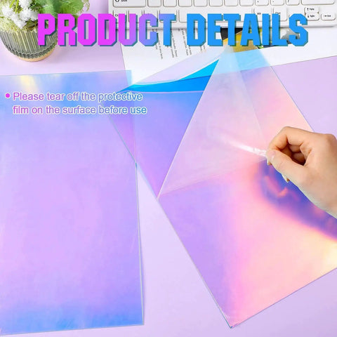 4 Pack 8x12 Inch Acrylic AB Sheets With Iridescent Radiant Color Shifting Finish, being unwrapped by hand, on desk surface