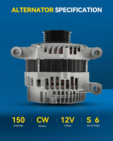 High Amp Alternator For Ford Fusion 2006 2009 3.0L Mercury Milan 2006 2009 3.0L And Lincoln Zephyr 2006 12V 150Amp CW Six Groove Pulley Replaces 11173N front view with specifications on a blue background