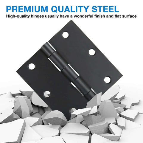 Matte Black 3.5 Inch Door Hinges Set, Built Tough Heavy Duty Interior Hinges With Square Corners displayed on cracked surface.