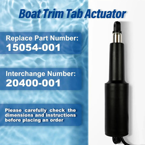 Plug And Play Boat Trim Tab Actuator Kit for Lenco 15054-001 and 20400-001, OEM style replacement, shown against water background.