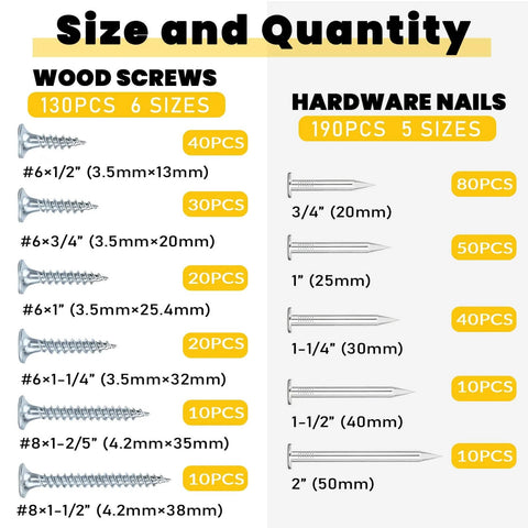 Chart showing sizes, quantities of wood screws and hardware nails in the Premium Hardware Nails And Wood Screws Kit, 320-Piece Assortment.