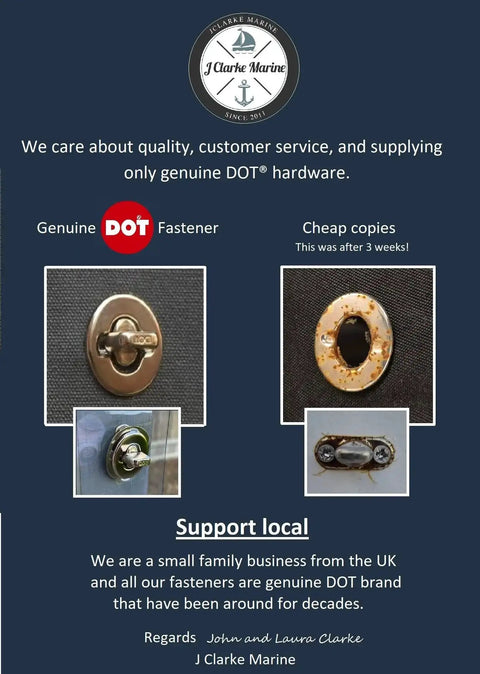 Genuine DOT fastener next to a corroded imitation, highlighting durability for Turnbutton Fastener Cloth To Cloth Kit For Boat Canopy.