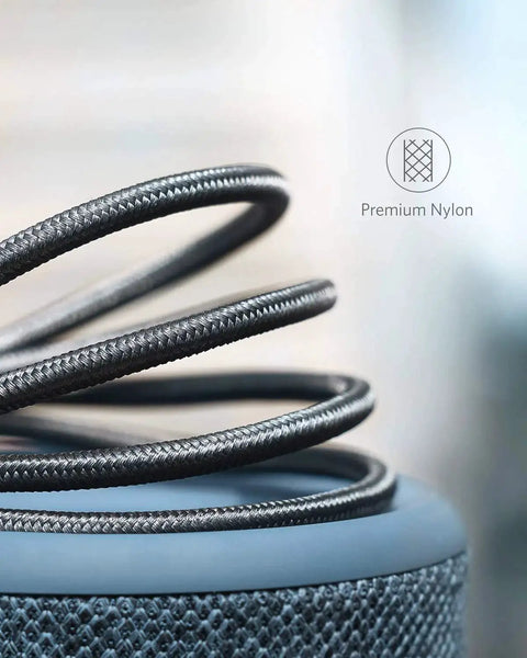 Close-up of USB A to USB C Cable 2 Pack 3ft Durable Nylon Braided Fast Data Sync with focus on braided texture.