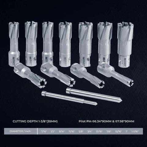 Heavy Duty Annular Cutter Set for Magnetic Drills, Thirteen Piece Carbide Tips, One And Three Eighths Inch Cutting Depth, Two Pilot Pins, Universal Shank