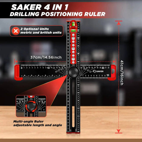 Handy 4 In 1 Drilling Positioning Ruler For Woodworking, Adjustable 13.78 Inch T Square Ruler With Cabinet Hardware Jig And Marking Gauge Tools, Pro Grade For Precise Cabinet, Drawer And Door Hole Drilling shown front view with measurements.