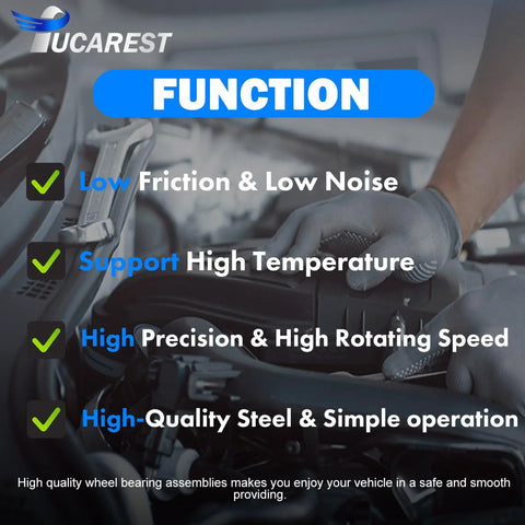 Mechanic working on engine with text highlighting features: low friction, high precision, temperature support, premium steel.