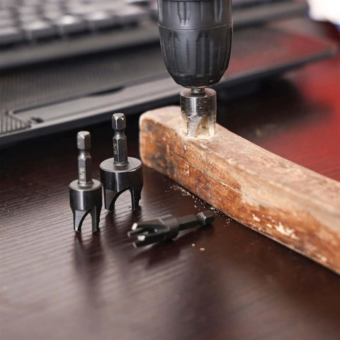 Durable 8 Piece Wood Plug Cutter Drill Bit Set With One Quarter Inch Hex Shank Includes Five Eighths Inch One Half Inch Three Eighths Inch