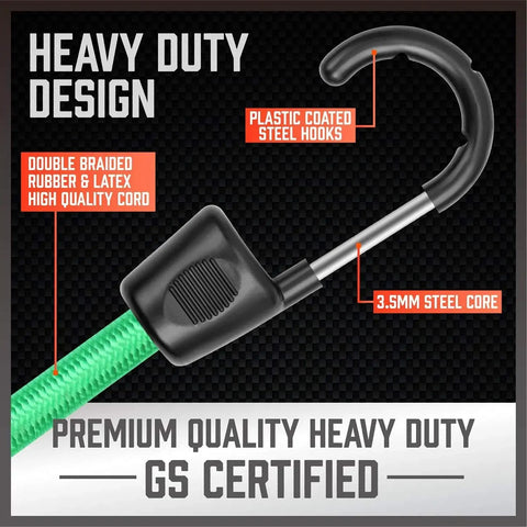 Close-up of heavy duty bungee cord design with steel core, plastic coated hooks, part of 31-Piece Premium Bungee Cord Assortment Kit.