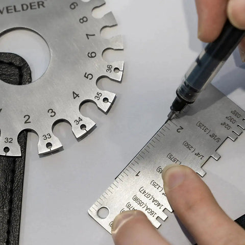Person using Round Dual Sided Metal Sheet Gauge And Thickness Gauge 2 Pack Pro Grade Stainless Steel Welding Gauge for measurements