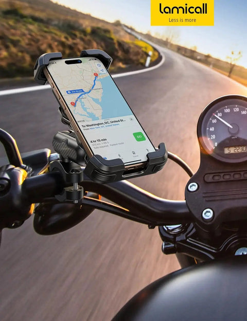 Motorcycle Phone Mount With Metal Extension Arm And Dual Vibration Dampeners For 4.7 To 6.7 Inch Phones on handlebar.