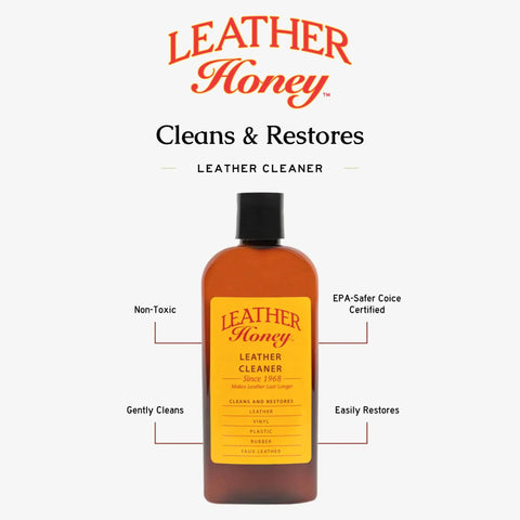 Premium Leather Cleaner For Auto Interiors And Furniture Shoes Bags And Apparel From Leather Honey Brand Non Toxic Fragrance Free Formula EPA Safer Choice 8 Oz displayed in amber bottle with a black cap.