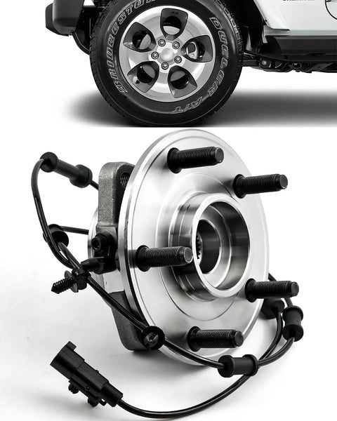 2 Pack Heavy Duty Front Wheel Bearing And Hub Assembly For Wrangler JK 2011 Through 2018 5 Lug With ABS showing hub close-up and installed view.