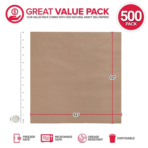 Grease Proof Deli Wrappers 12 X 12 Inch, 500 Pack, Go To Pre Cut Natural Kraft Wax Paper Sheets shown with measurements