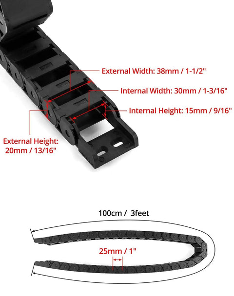 Semi Enclosed Cable Drag Chain For CNC Machines And Tools, 1 Meter Length, 2 Pack, Inner Size 15mm By 30mm, R28 38 Bending Radius