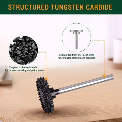 Rotor Saw Burr For Dremel And Foredom With One Eighth Inch Shaft Very Coarse Wood Carving Bit One Piece Steel Body With Brazed Tungsten Teeth on wooden table