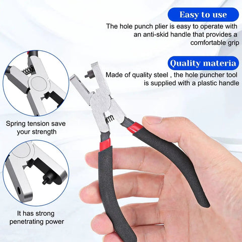 Close-up of 2mm Round Leather Hole Punch Heavy Duty Handheld Metal Punch Tool held in hand, showing carbon steel construction and soft plastic grip.