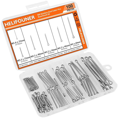 304 Stainless Steel Cotter Pin Assortment Kit With 100 Pieces In Six Common Sizes M1.6x25 M2.5x25 M2.5x40 M3.2x30 M3.2x40 M4x60