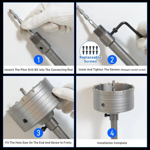 Installation process for All In One 34 Piece Concrete Hole Saw Kit For Masonry Drilling With SDS Plus And SDS Max Shanks