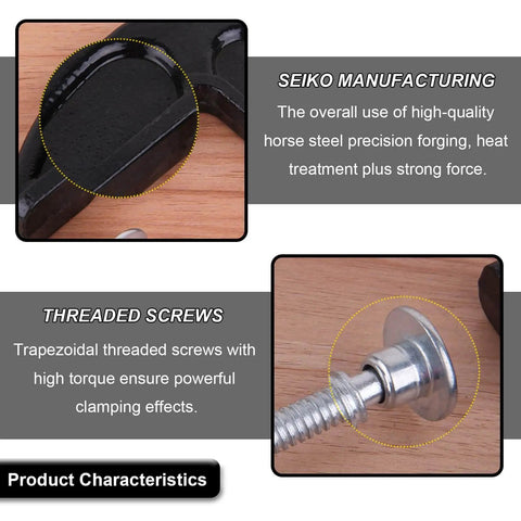Close-up details of the Beefy 4 Inch Malleable Iron C Clamp Set 4 Pack Heavy Duty G Clamp For Woodworking Welding And Building Projects Industrial Grade With Rust Resistant Black Finish, focusing on precision forging and threaded screws.