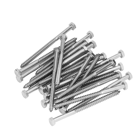 Pile of Stainless Steel Half Thread Wood Lag Screws Self Tapping For Carpentry Heavy Duty M6 X 100mm Bolts With High Hardness And Durability DIN 571 Standard Hex Head No Pre Drill Needed Perfect For Wooden Houses And Roof Components