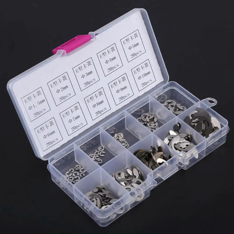 Heavy Duty E Clip Retaining Clip Kit For Gears Pulleys Axles And Engines, Heat Treated 304 Stainless Steel External Circlips, 200 Piece Assortment From 1.5mm To 10mm, Ideal For Locking Mechanisms And Anti Walk Washers in plastic case