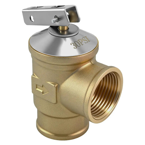 Side view of 3/4 Inch FNPT Female Inlet And Outlet Automatic 30 PSI Pressure Relief Valve For Hot Water Boilers Durable Lead Free Brass