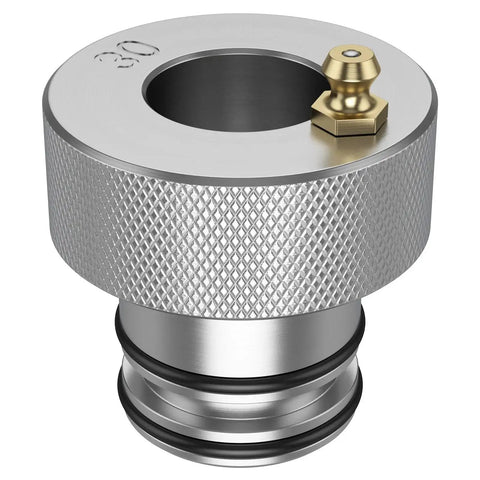30mm Wheel Bearing Greaser Tool For Greasing 30mm Bearings Without Shaft Removal, silver finish with brass fitting, close-up view