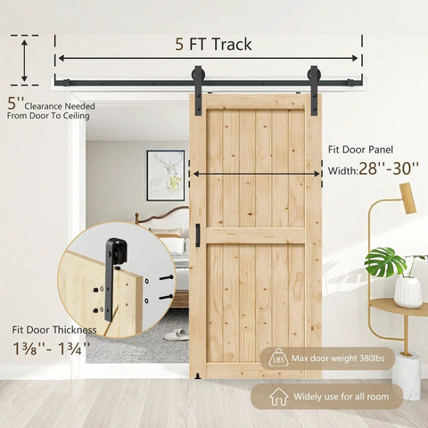 Workhorse Heavy Duty Barn Door Hardware Kit 5 Ft Sliding Door Track Set with floor guide, handles, lock, wood door shown installed.