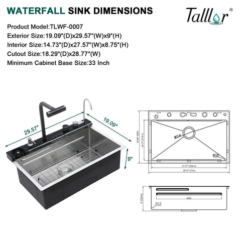 Slick Smart Waterfall 30 Inch Drop In Kitchen Sink With Single Bowl, 16 Gauge 304 Stainless Steel Workstation diagram and dimensions