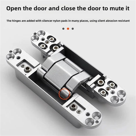 Three Dimensional Invisible Door Hinges For Wooden Doors And Aluminum Frame Doors Hidden Folding Doors 180 Degree Inside And Outside Open Black Finish Zinc Alloy Die Cast And 304 Stainless Steel Construction.