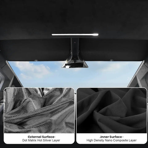 Cybertruck Roof Sunshade Kit Nano Reflective Heat Insulation UV Protection 2Pcs showing material layers and roof installation.