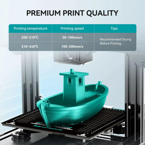 3D printer with a green boat model, displaying tips for using the Eight Color 1.75mm PLA Filament 250g Mini Spools Bundle for Beginners