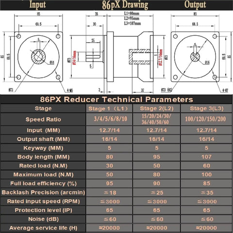 Technical drawing and specifications for Planetary Gearbox For Stepper Motor Reducer With Beefy 86Mm Housing And Multiple Ratios 3 To 1 5 To 1 10 To 1 Shaft Options 14Mm Or 16Mm Input And A Half Inch Shaft For Easy Mounting