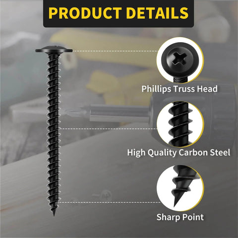Black Wood Screws Kit 2 Inch Self Tapping Phillips Truss Head High Hardness Electrophoresis Coated 220 Piece Assortment