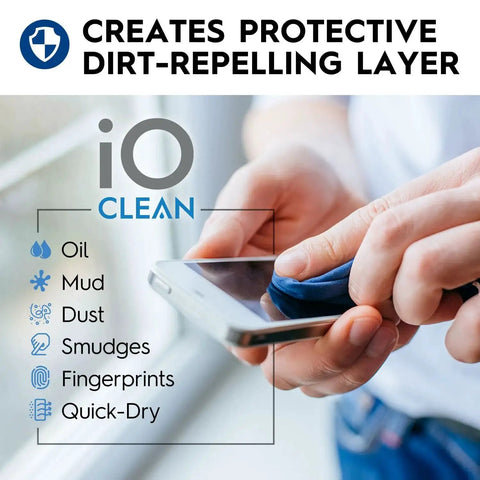 Person using Eyeglass Lens Cleaner Spray Kit For Glasses And Screens With 2 Microfiber Cloths to clean a smartphone screen.