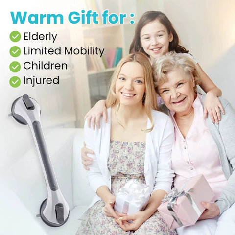 Two Pack Suction Grab Bars For Shower And Bath Removable Heavy Duty Waterproof beside happy family with gifts