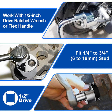 Heavy Duty Stud Remover And Bolt Extractor for 1/4 to 3/4 inch studs with knurled roller and cam lock installed on engine