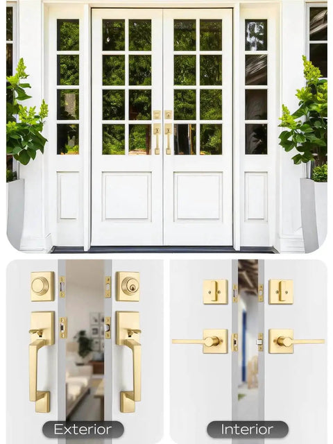 Exterior and interior view of Double Front Door Handle Set With Satin Brass Exterior Lock Front Door Handle And Single Cylinder Deadbolt
