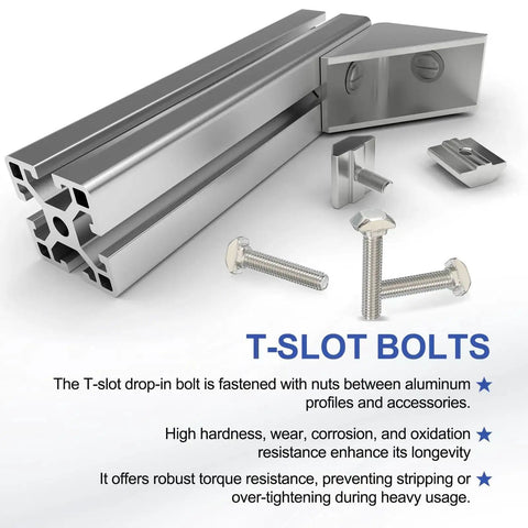 Drop In M5 30 mm T Slot Bolts With Hammer Head And Hex Nut Flange For 20 Series Aluminum Extrusion, carbon steel, nickel plated.