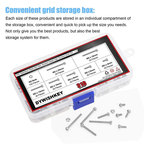 310 Piece Stainless Steel 304 Hex Socket Head Cap Bolts Screws Nuts Kit With Allen Wrench in storage box with label