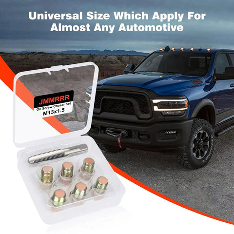 Stainless Steel Oil Drain Plug Thread Repair Kit M13 X 1.5Mm Rethread Tool with screws and tap, shown with a blue truck