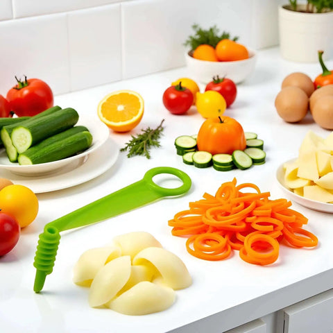Green Spiral Slicer Portable Manual Kitchen Gadget For Cucumber Carrot And Potato Garnishes on white kitchen counter