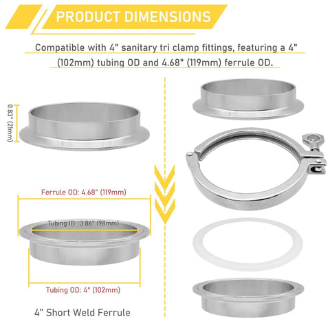 RIXIGOOD 4-inch tri-clamp ferrules, 304 stainless steel, short weld ferrules for sanitary TC fittings, 2 pieces