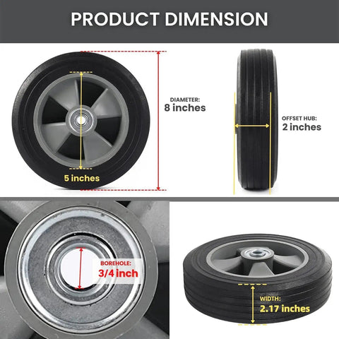 Product dimensions of Two Pack 8 Inch Flat Free Solid Rubber Wheel And Tire Assemblies for hand trucks and garden carts