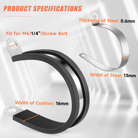 Cable clamp kit, 60pcs, 10 sizes, 304 stainless steel P clamps with rubber cushions for tubes, pipes and wires.