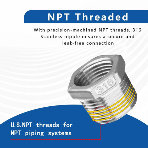 316 stainless steel hex NPT bushing reducer, 3/4 NPT male to 1/4 NPT female pipe fitting, corrosion resistant