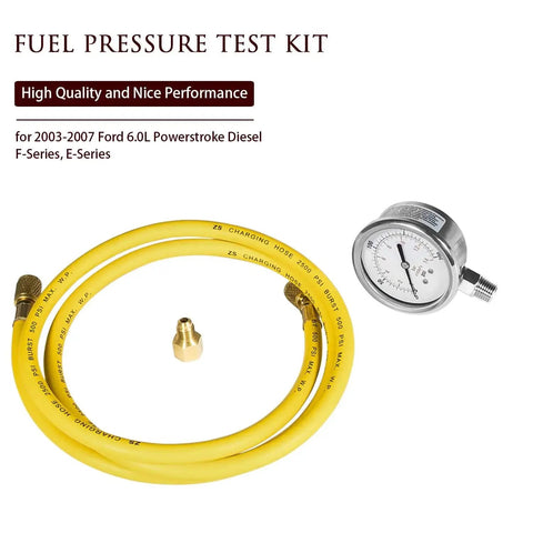 Fuel Pressure Test Kit With Billet Cap And Pressure Port For Ford 6.0L Diesel, showing yellow hose and gauge